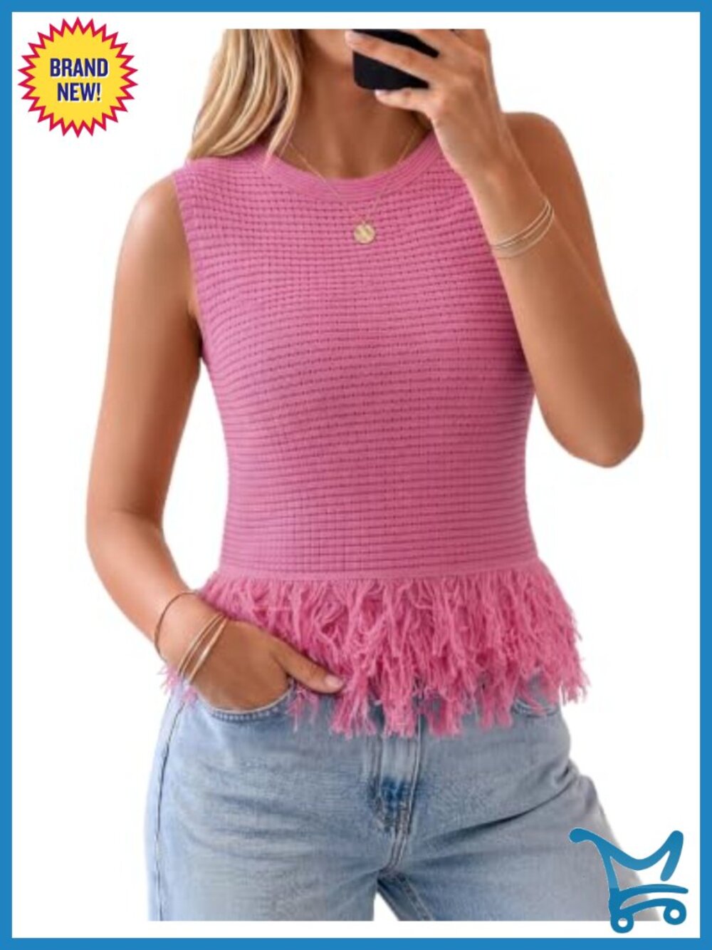 Sleeveless Crochet Knit Top Fringe Hem Boho Tank Vest